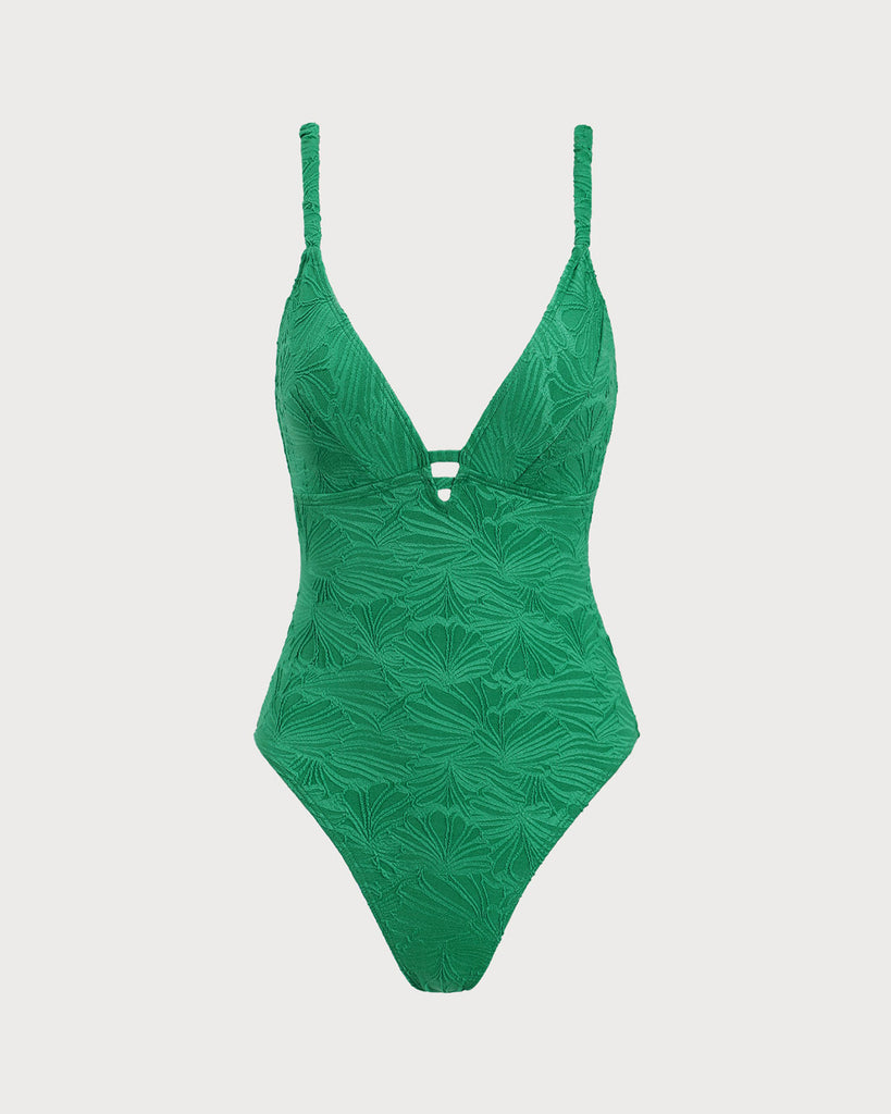 Green Hollow V-Neck One-Piece Swimsuit