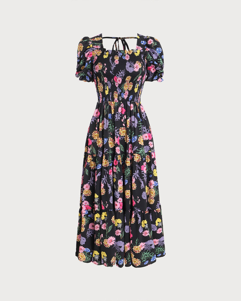 Black Floral Square Neck Shirred Maxi Dress