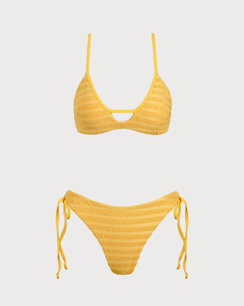 Yellow Textured Ruched Cutout Bikini Set