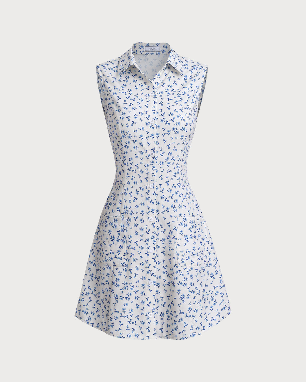 Blue Floral Pocket Sleeveless Mini Dress