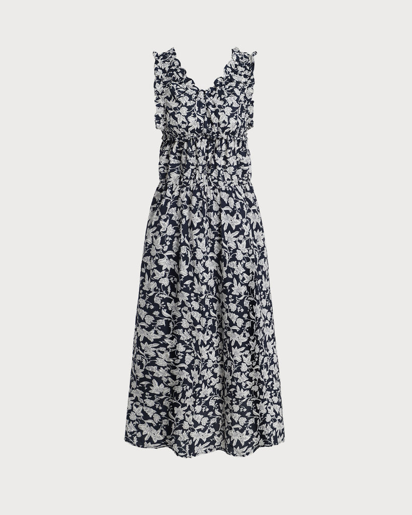 Blue Floral V Neck Ruched Midi Dress