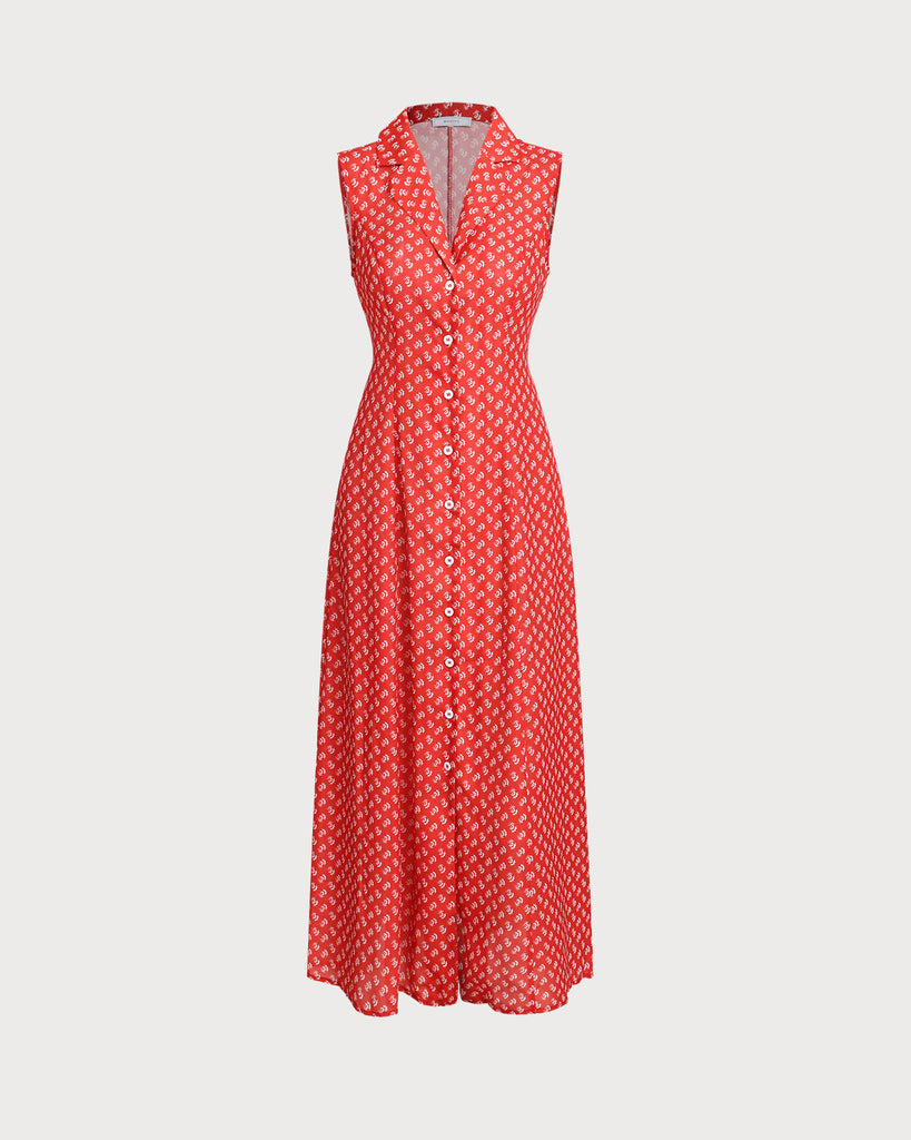 Red Floral Button Sleeveless Maxi Dress