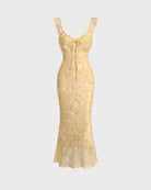 Yellow Floral Ruched Ruffle Midi Dress 