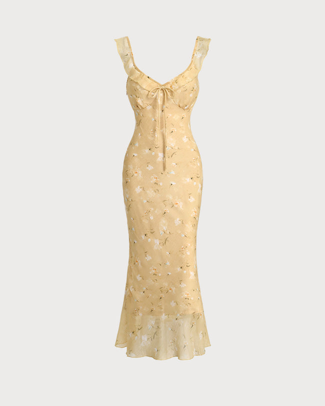 Yellow Floral Ruched Ruffle Midi Dress 