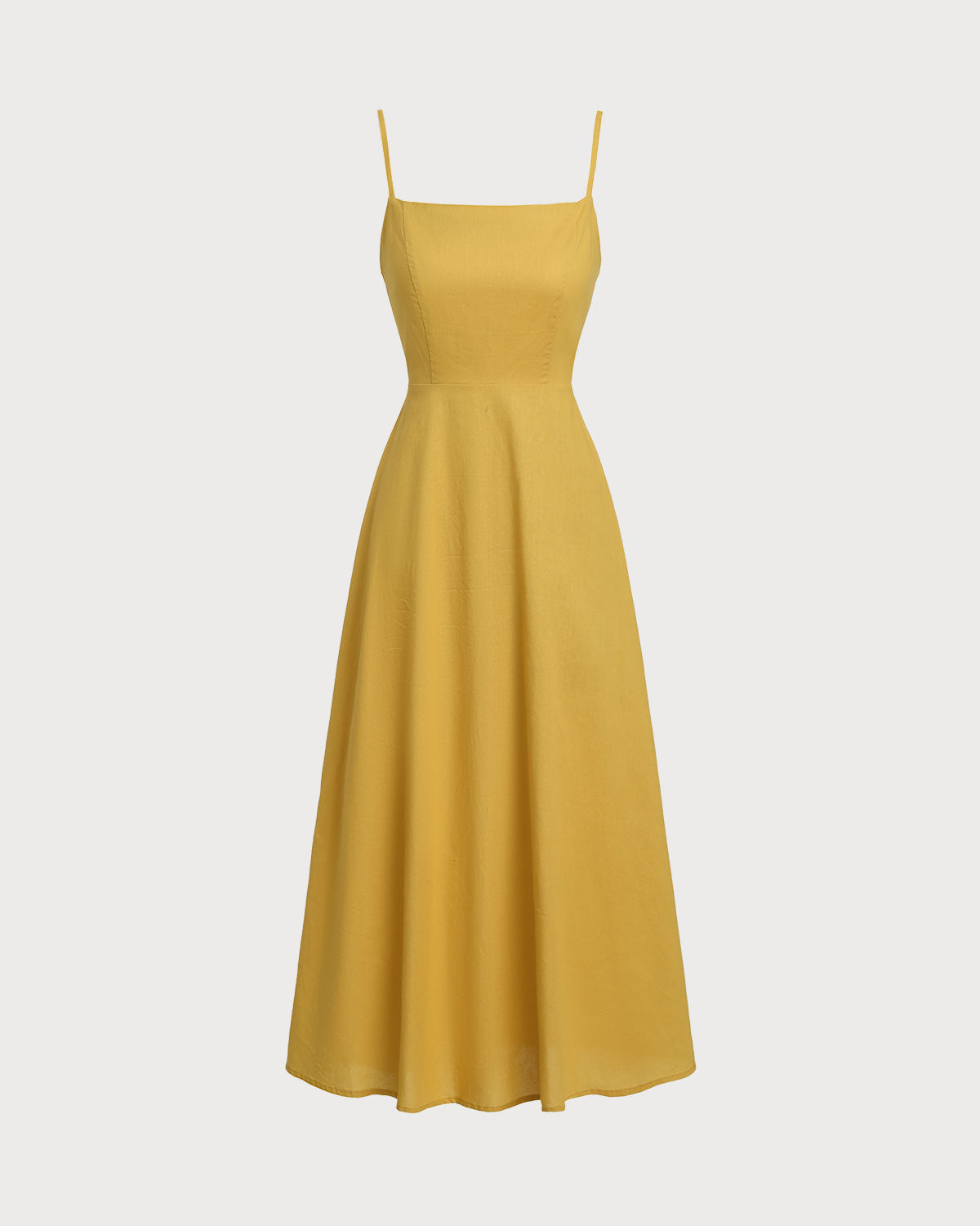 Yellow Square Neck Shirred Slip Midi Dress