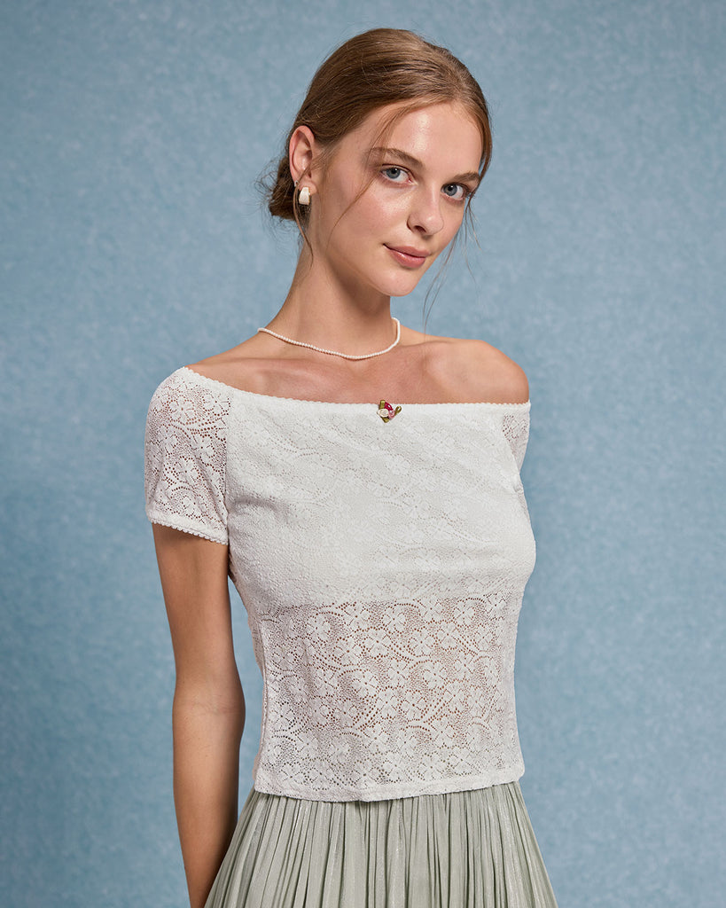 White Textured Off The Shoulder Tee