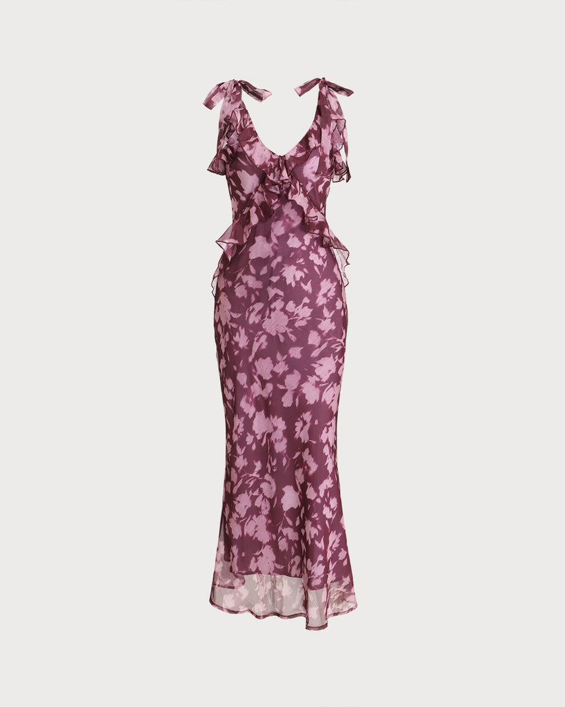 Purple Floral Ruffle Tie Strap Maxi Dress