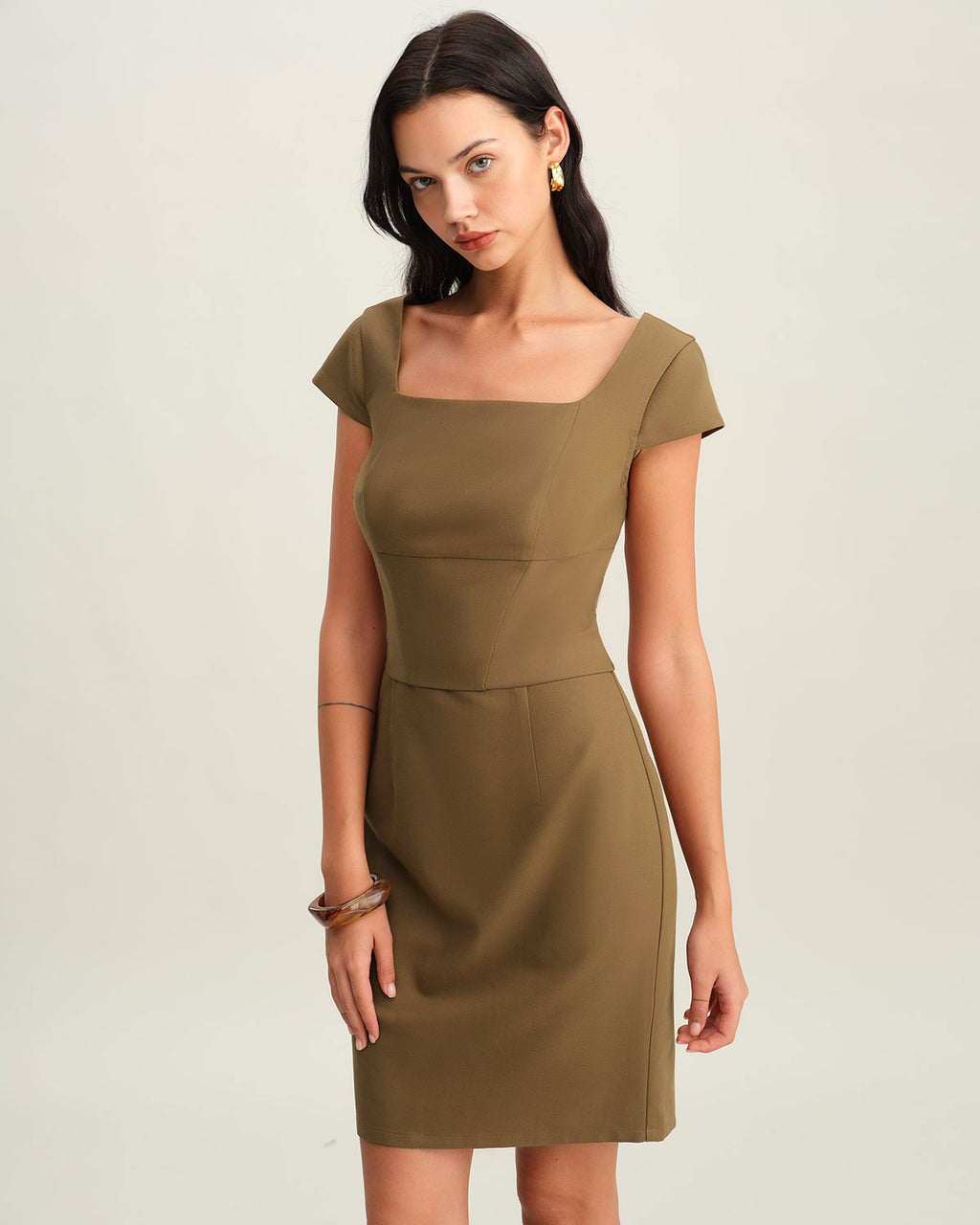 Brown Square Neck Cap Sleeve Mini Dress