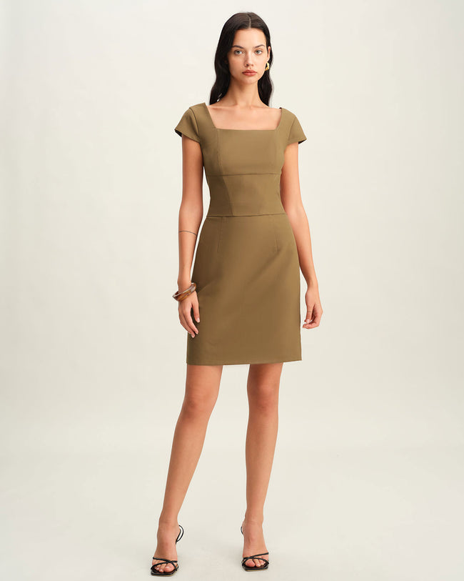 Brown Square Neck Cap Sleeve Mini Dress
