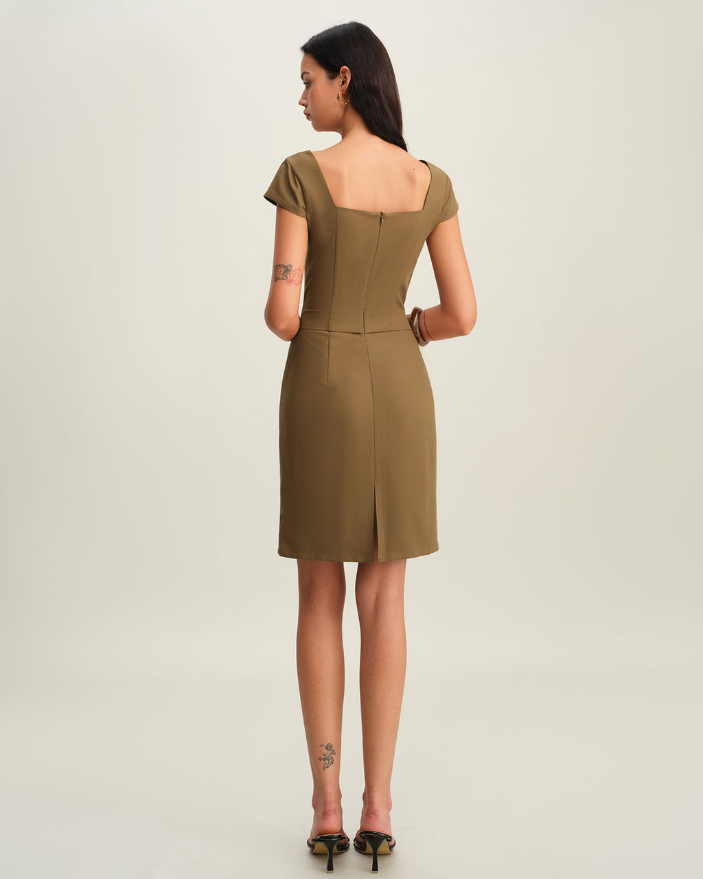 Brown Square Neck Cap Sleeve Mini Dress