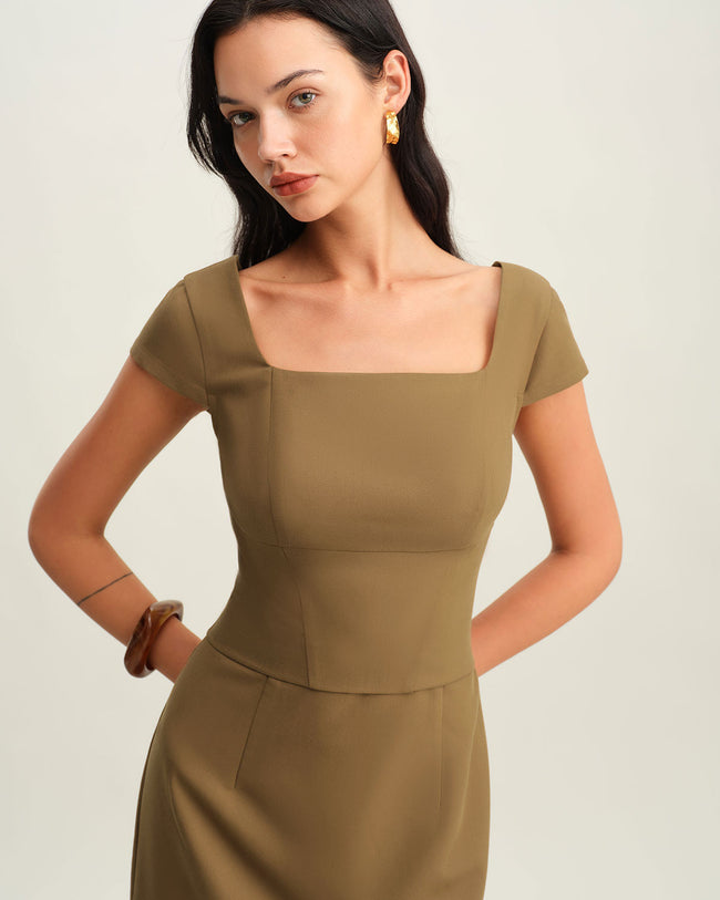 Brown Square Neck Cap Sleeve Mini Dress