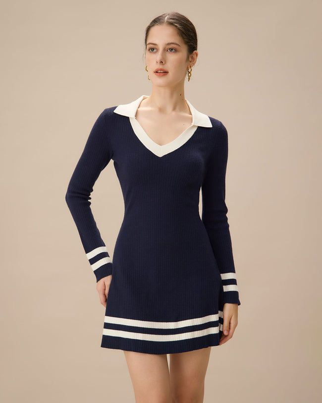 Navy Striped Vneck Short Sleeve Dress main image 1