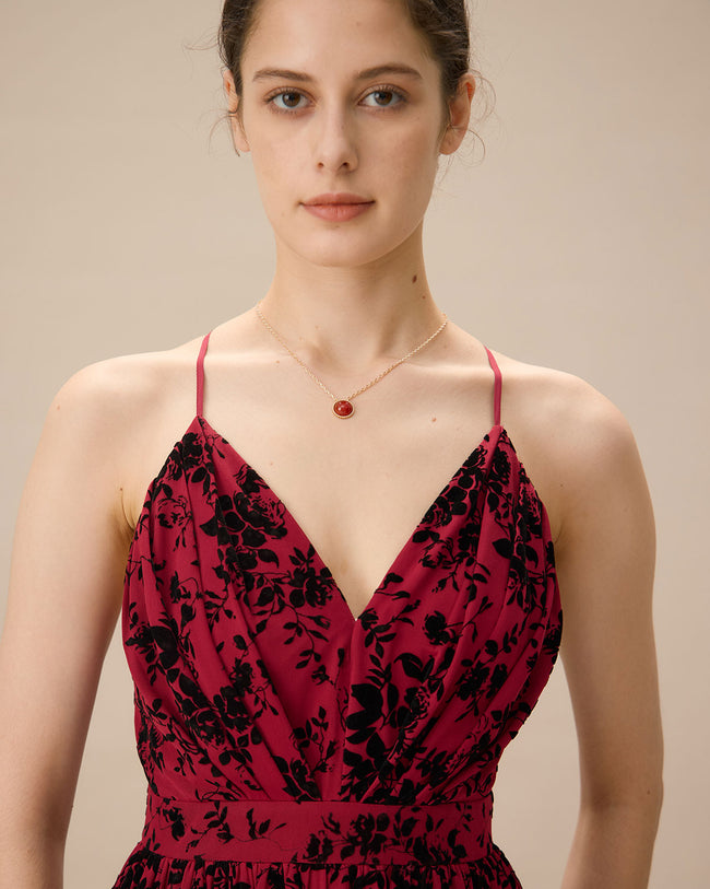 Red Floral Flocked Mesh Slit Maxi Dress & Reviews - Red