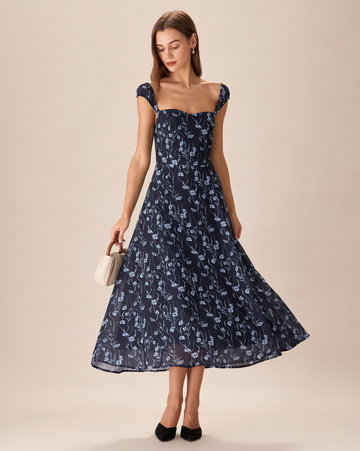 Rihoas Floral Sweetheart Neck Cap Sleeve A-Line Dress | Square Back For Casual, Wedding Guests, Garden Parties, Navy / M Rihoas Floral Sweetheart Neck Cap Sleeve A-Line Dress | Square Back For Casual, Wedding Guests, Garden Parties, Navy / M