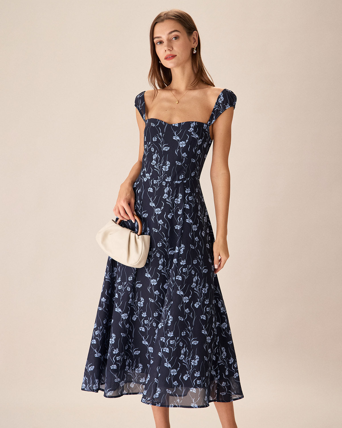 Rihoas Floral Sweetheart Neck Cap Sleeve A-Line Dress | Square Back For Summer Casual, Wedding Guests, Garden Parties, Navy / M Rihoas Floral Sweetheart Neck Cap Sleeve A-Line Dress | Square Back For Summer Casual, Wedding Guests, Garden Parties, Navy / M