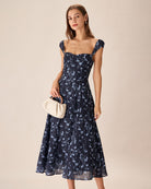 Navy Floral Sweetheart Neck Midi Dress