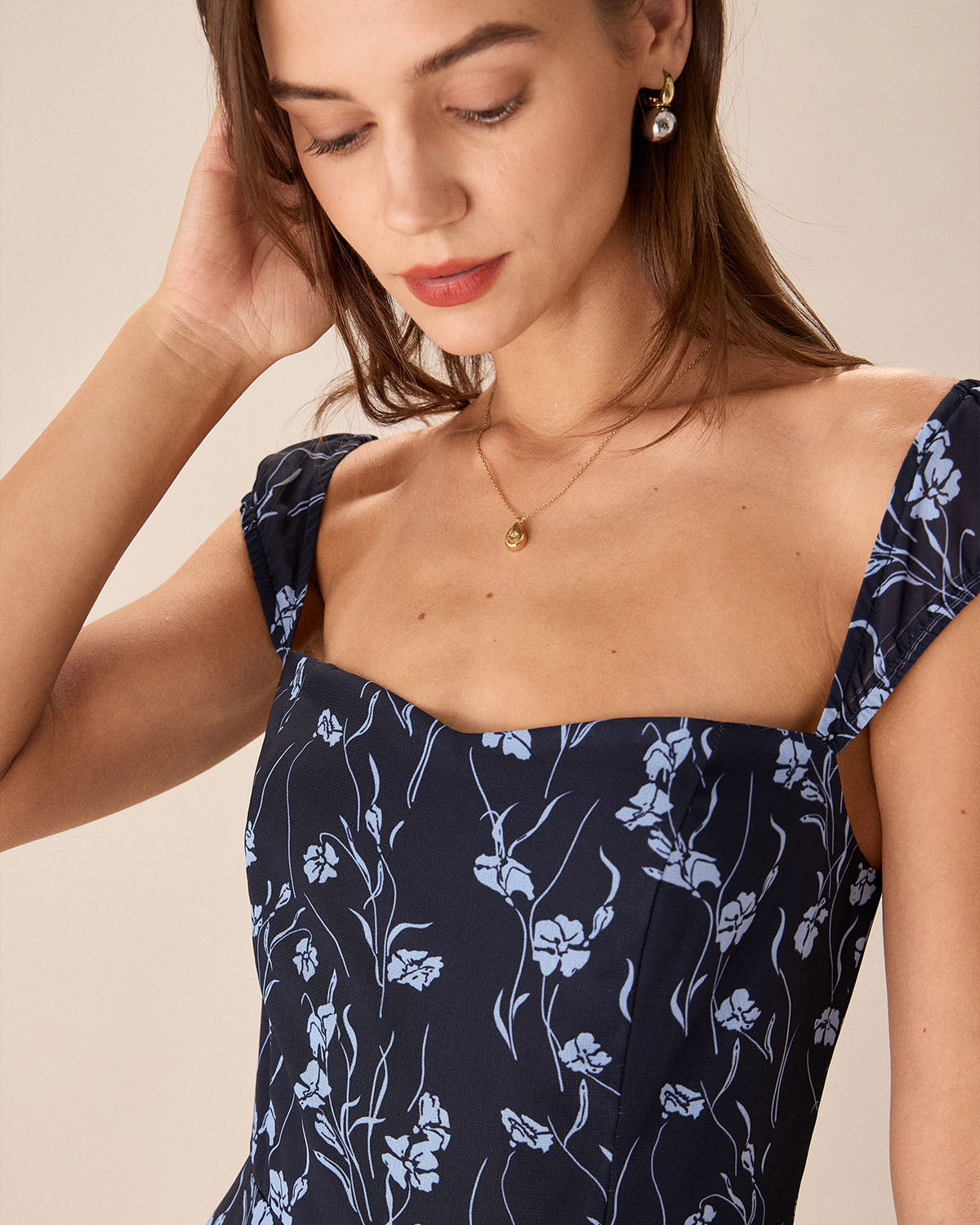 Rihoas Floral Sweetheart Neck Cap Sleeve A-Line Dress | Square Back for Summer Casual, Wedding Guests, Garden Parties, Navy / M Rihoas Floral Sweetheart Neck Cap Sleeve A-Line Dress | Square Back for Summer Casual, Wedding Guests, Garden Parties, Navy / M