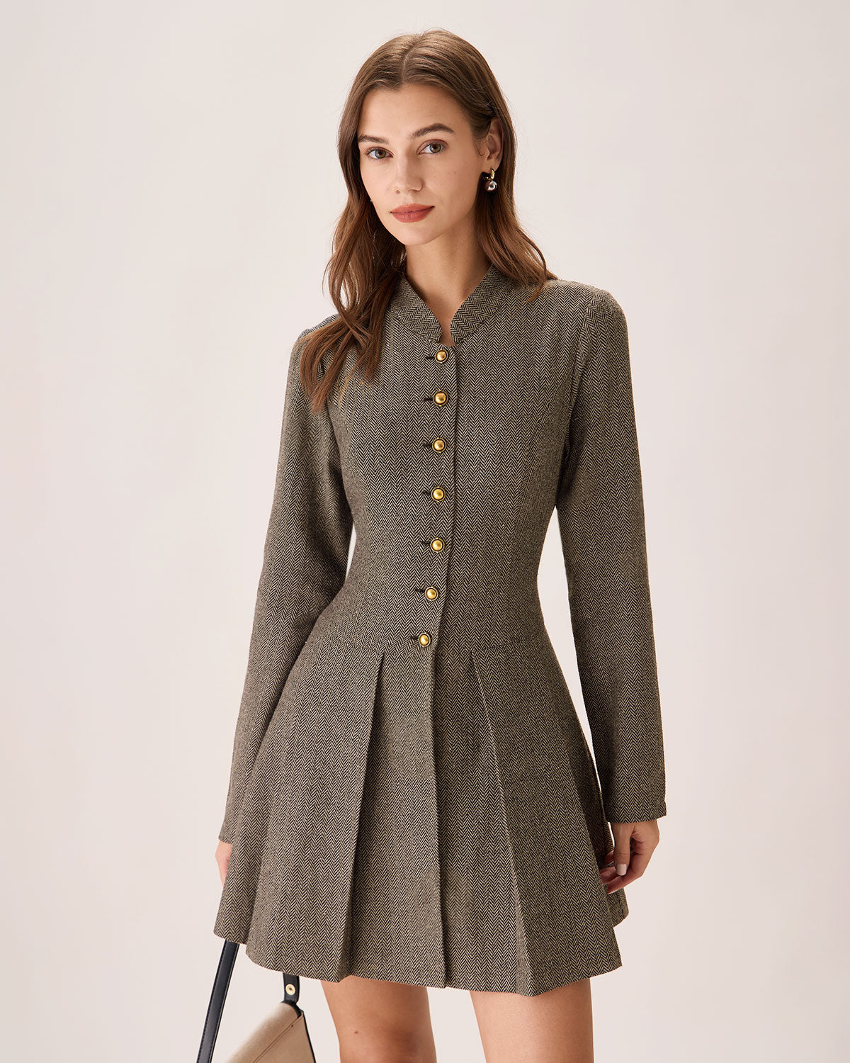 Brown Button Pleated Mini Dress Brown Button Pleated Mini Dress