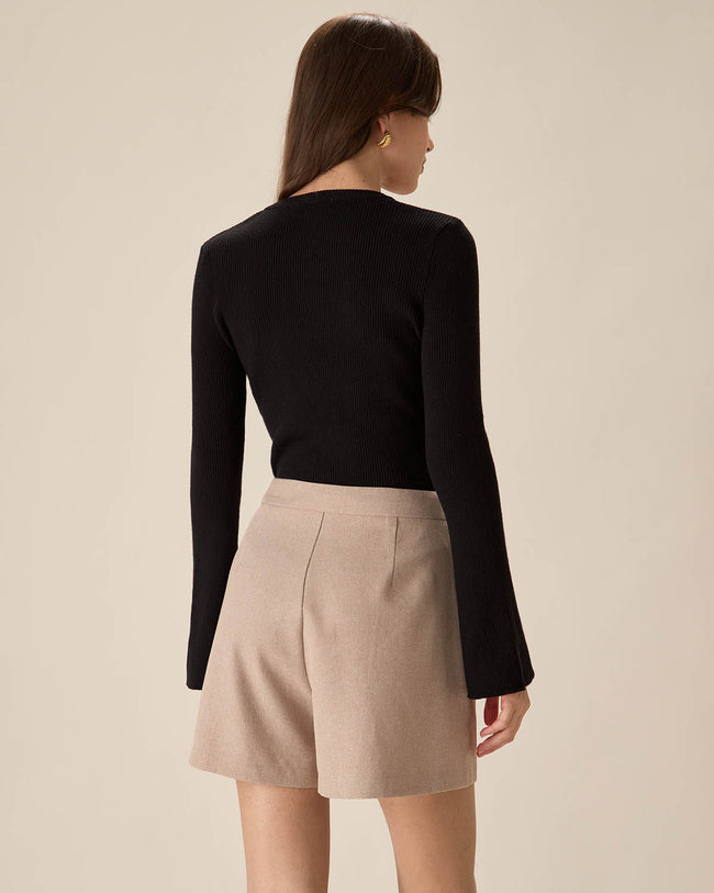 The Black Round Neck Button Up Knit Top & Reviews - Black