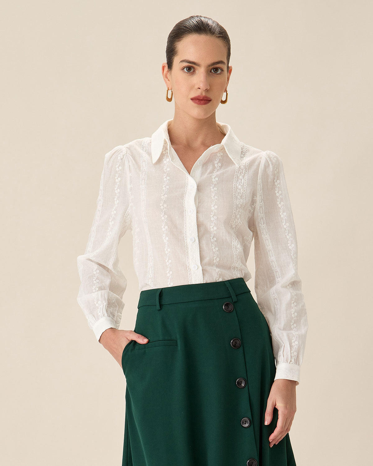 RIHOAS White Jacquard Button-Up Shirt
