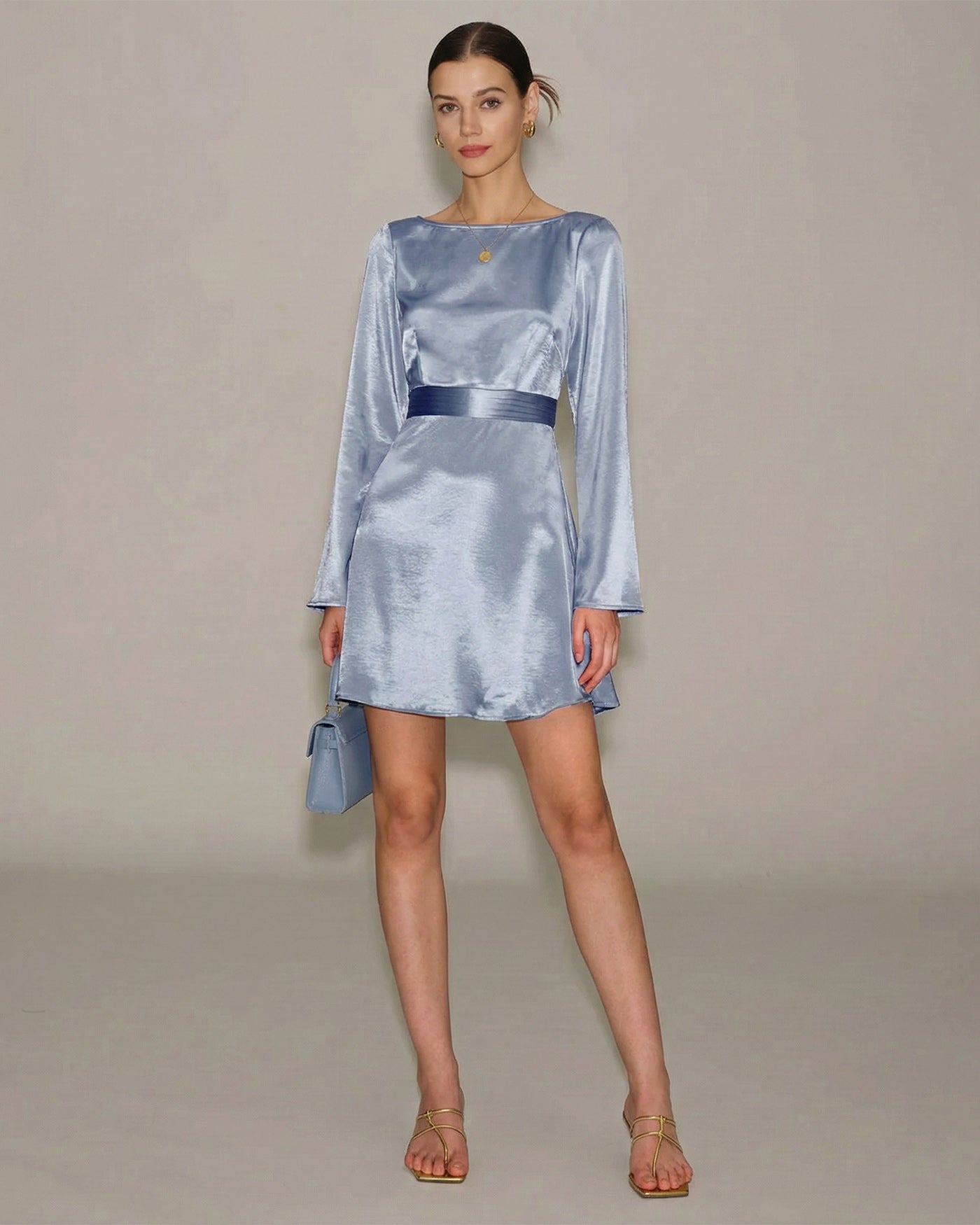 Blue Boat Neck Satin Mini Dress
