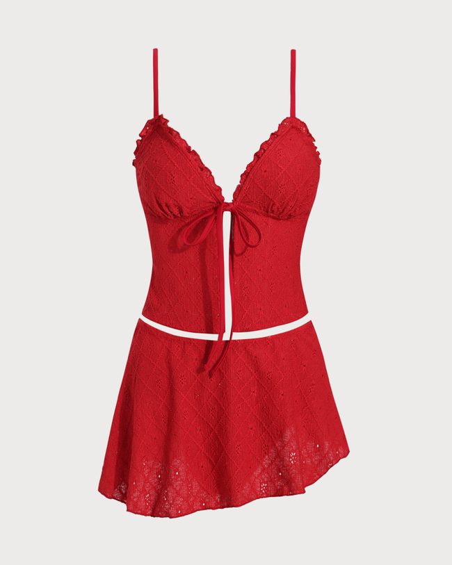Red Front Tie Tankini Three-Piece Swimsuit