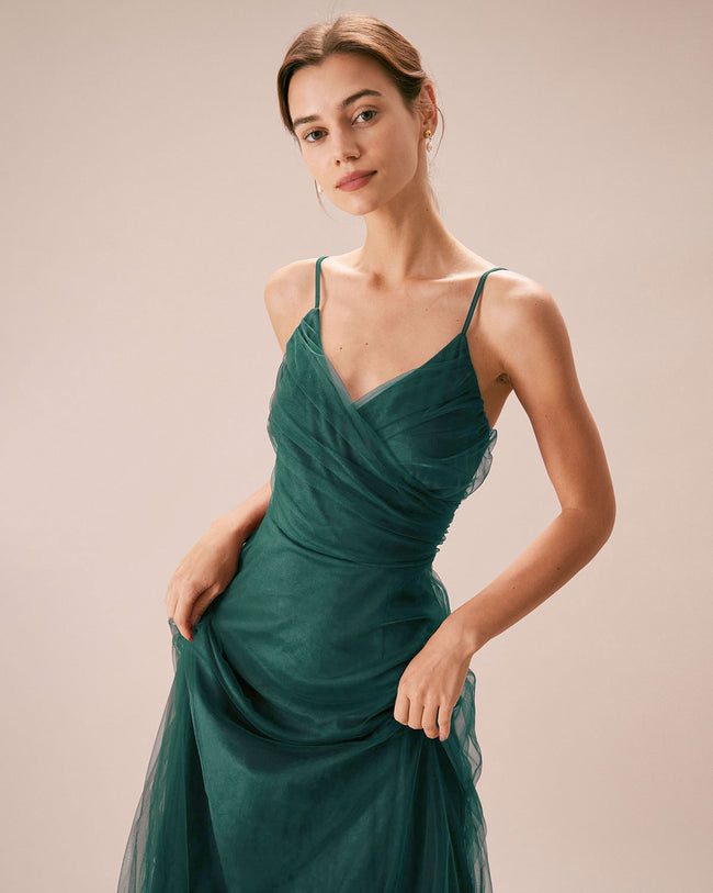 Green Mesh Wrap Slip Maxi Dress