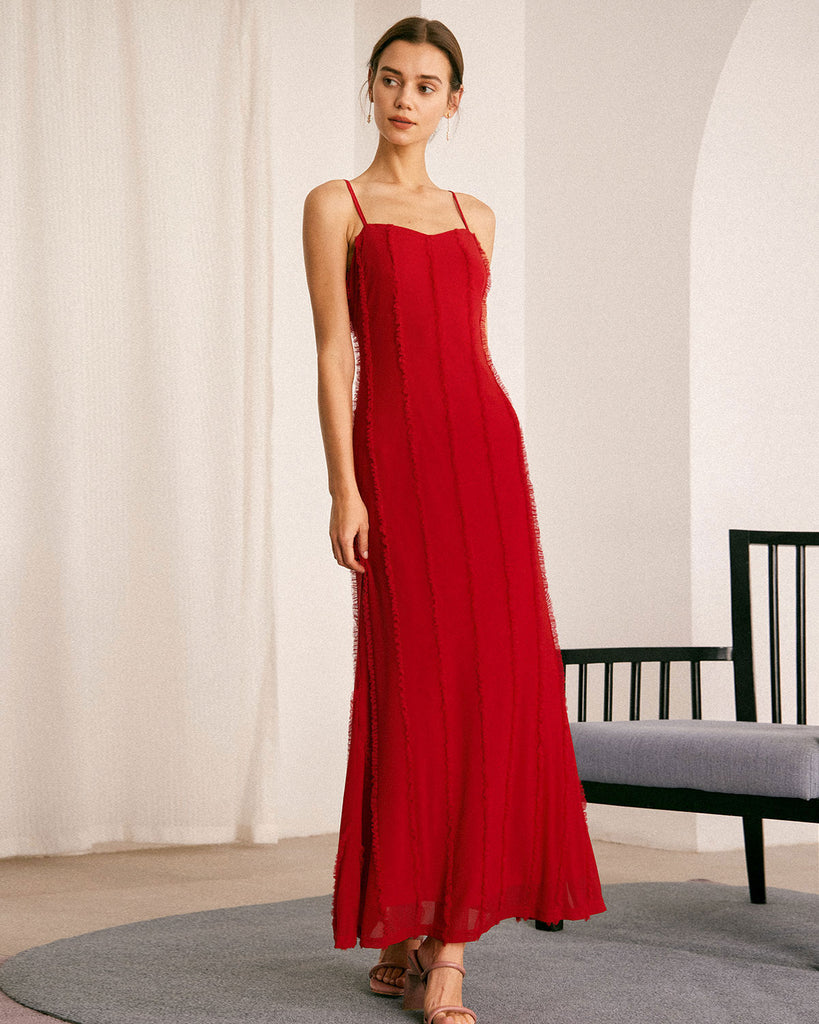 The Red Ruffle Trim Slit Maxi Dress Red Dresses - RIHOAS