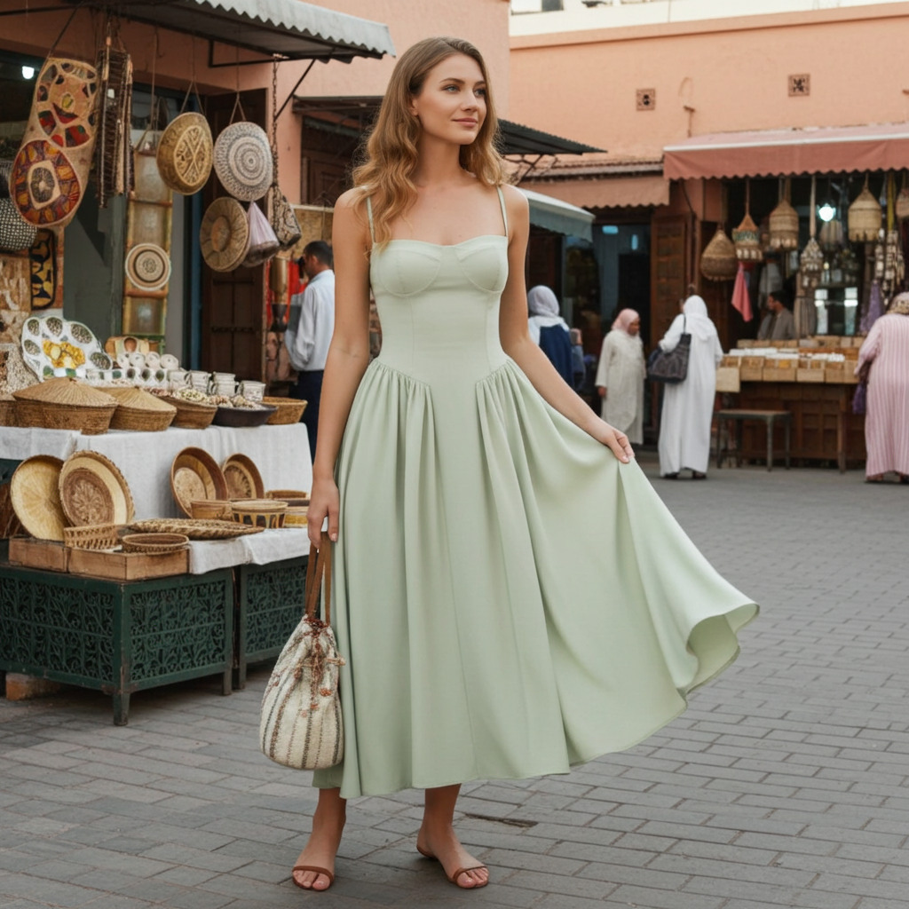 Green Square Neck Pocket Slip Midi Dress & Reviews