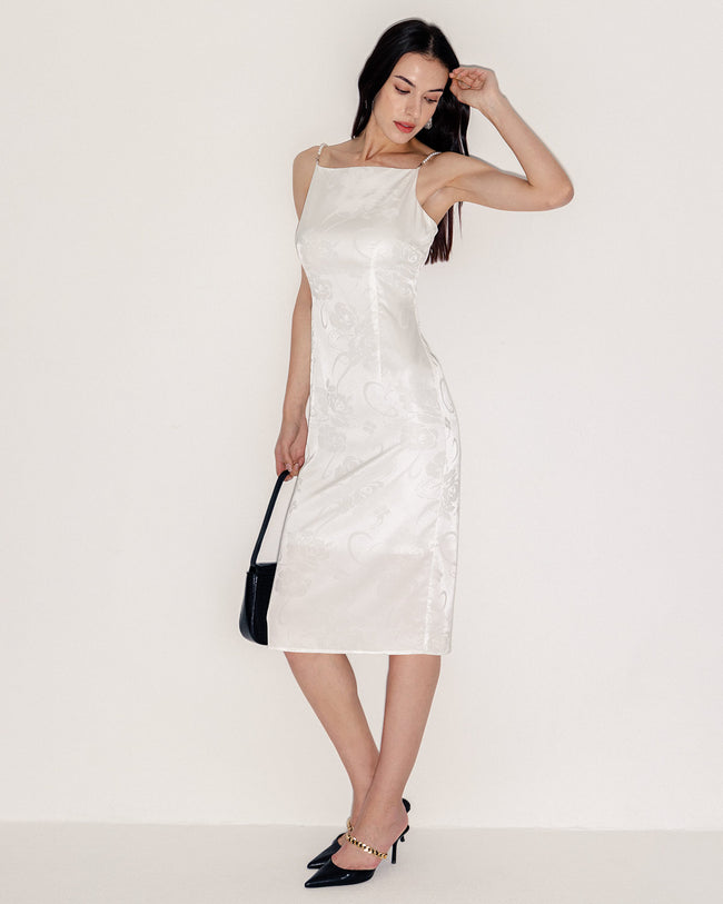 White Beaded Strap Slip Midi Dress