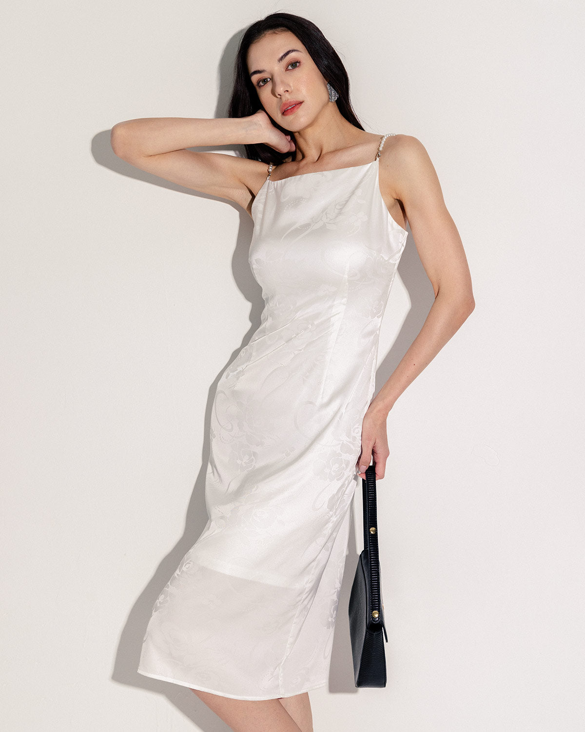 White Beaded Strap Slip Midi Dress White Beaded Strap Slip Midi Dress
