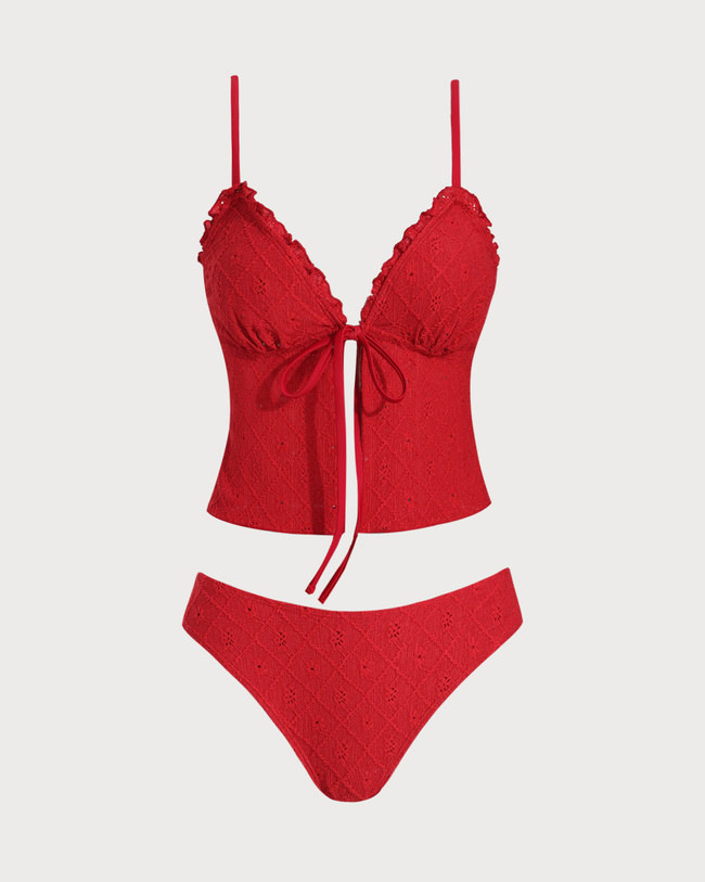 Red Front Tie Tankini Three-Piece Swimsuit
