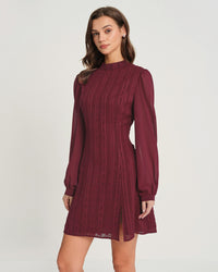 Wine Red Chiffon Mock Neck Mini Dress