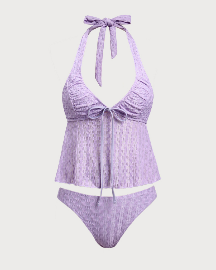 Purple Ruched V-Neck Tankini Swimsuit