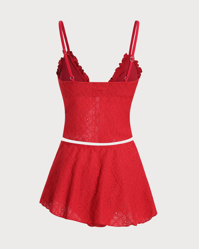 Red Front Tie Tankini Three-Piece Swimsuit
