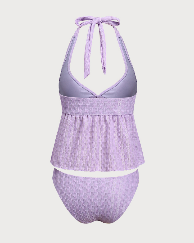 Purple Ruched V-Neck Tankini Swimsuit