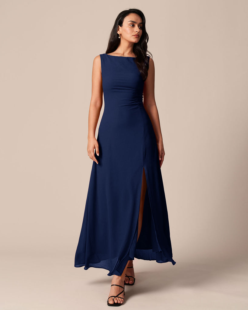 The Red Ruched Slit Maxi Dress Navy Dresses - RIHOAS