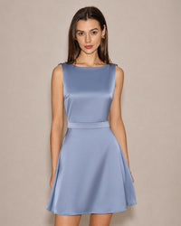 Blue Boat Neck Pearl Satin Mini Dress