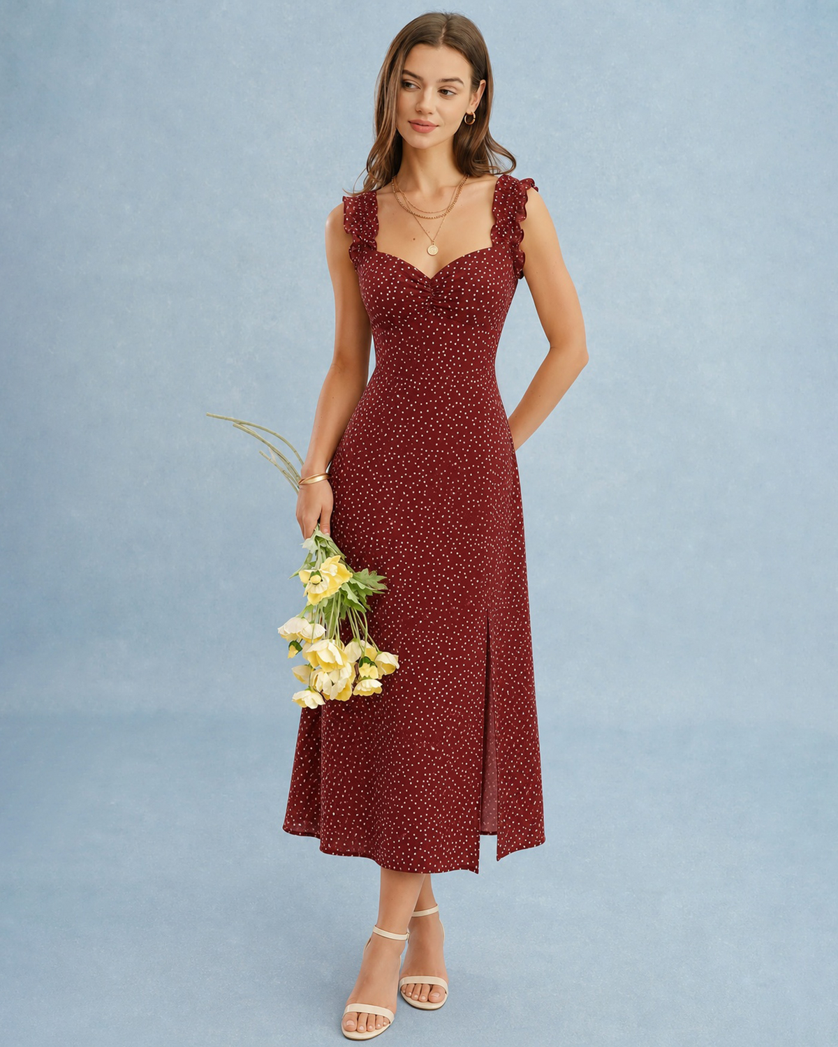 The Red Frill Trim Side Split Midi Dress - Women's High Waisted Polka Dot  Dress - Green - Dresses | RIHOAS