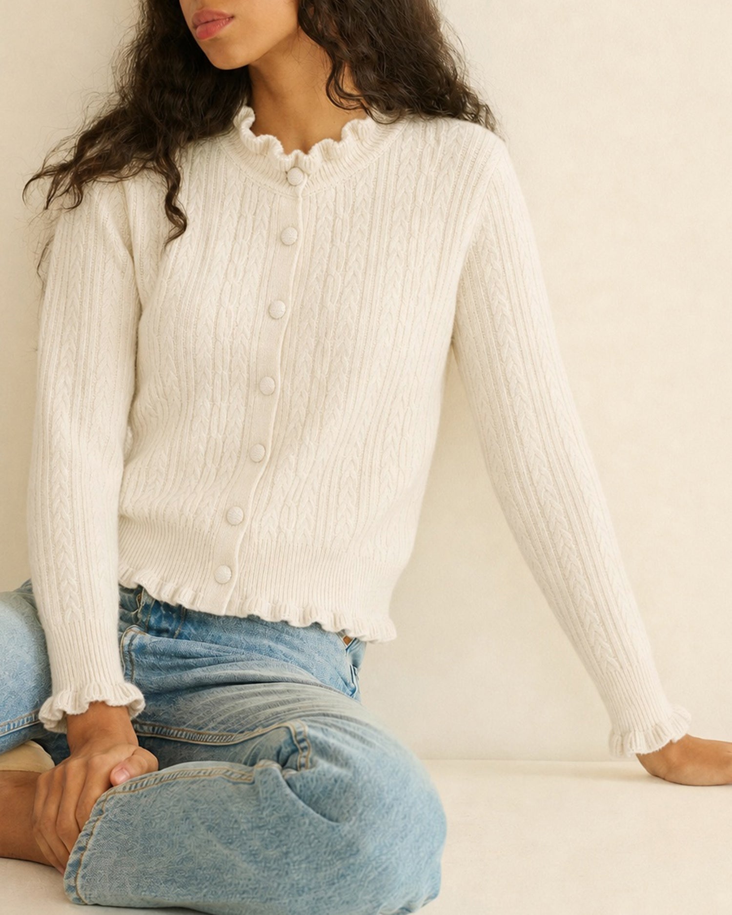 Apricot Ruffled Single Breasted Knit Cardigan