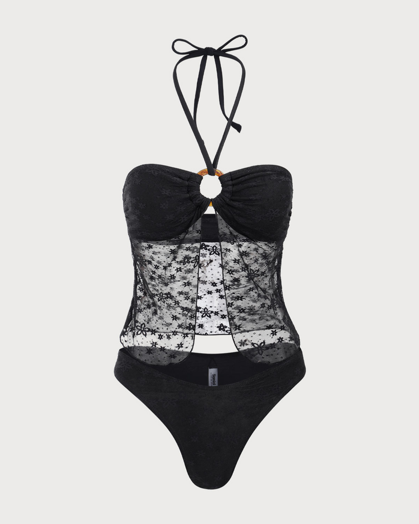 Black Lace Halter Tankini Swimsuit