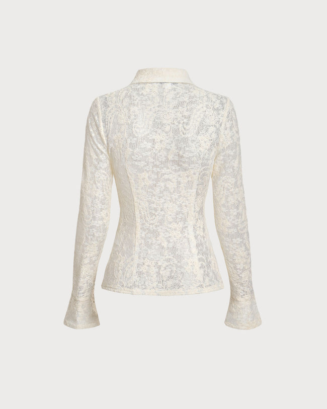 White Jacquard Bell Sleeve Button Blouse