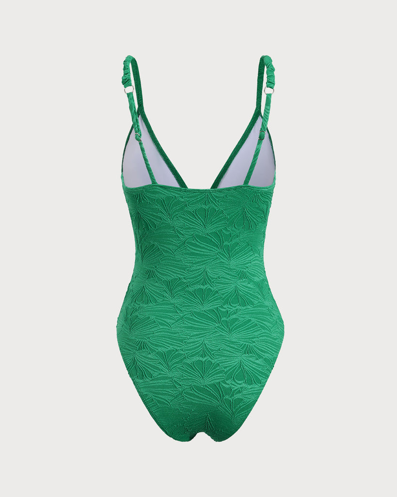 Green Hollow V-Neck One-Piece Swimsuit