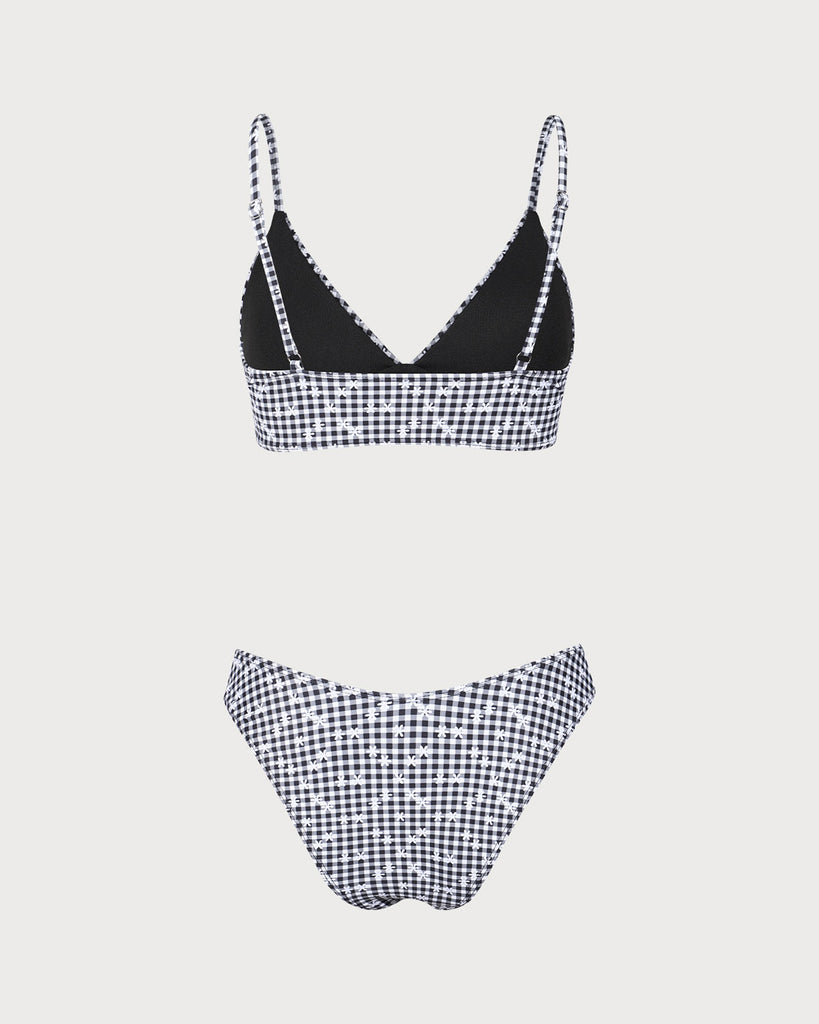 Black Plaid Floral Print Bikini Set