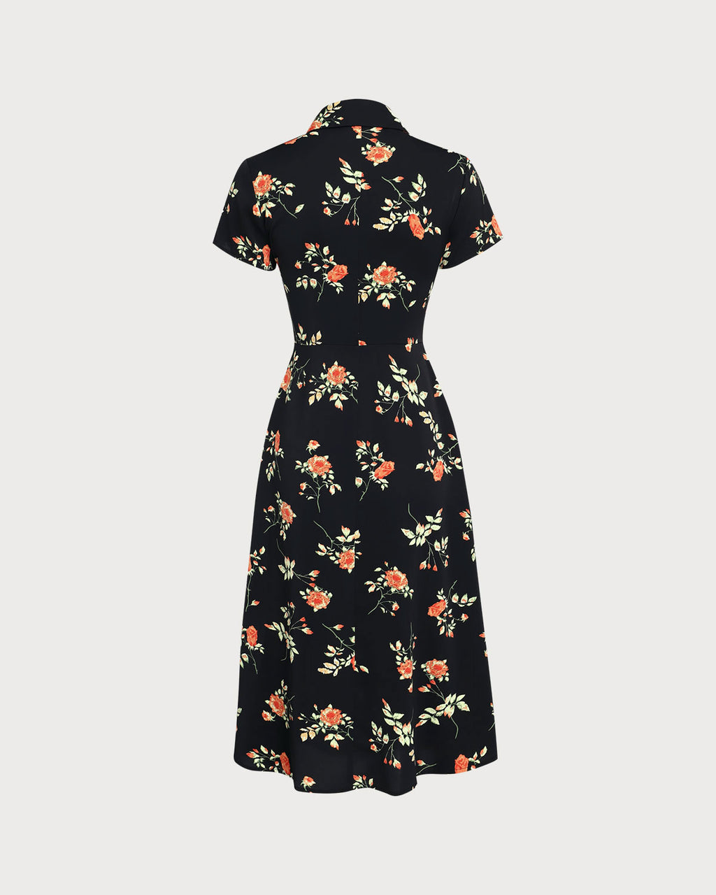 Black Floral Button A-Line Midi Dress
