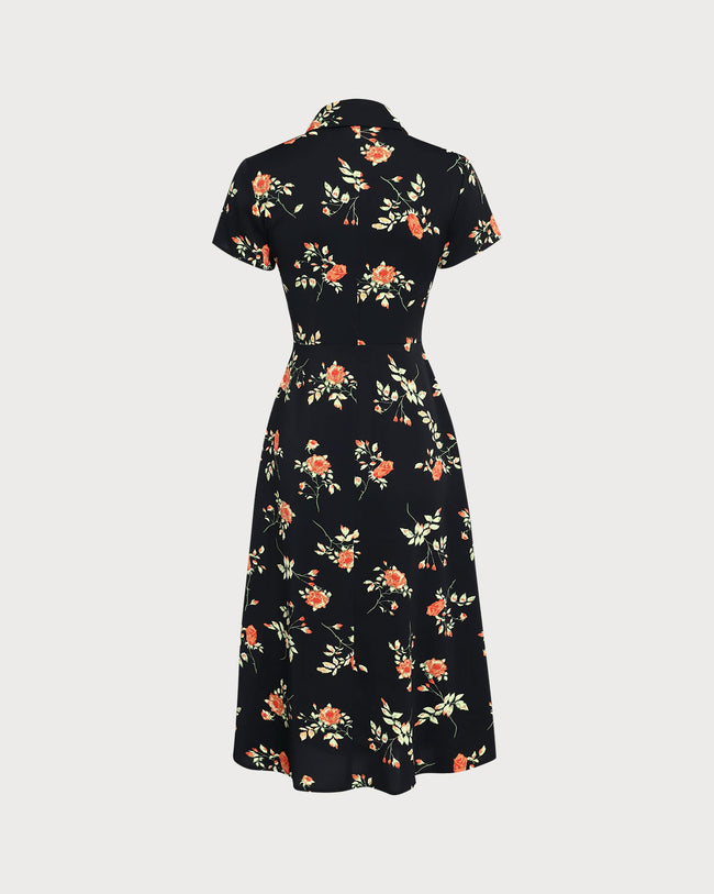 Black Floral Button A-Line Midi Dress