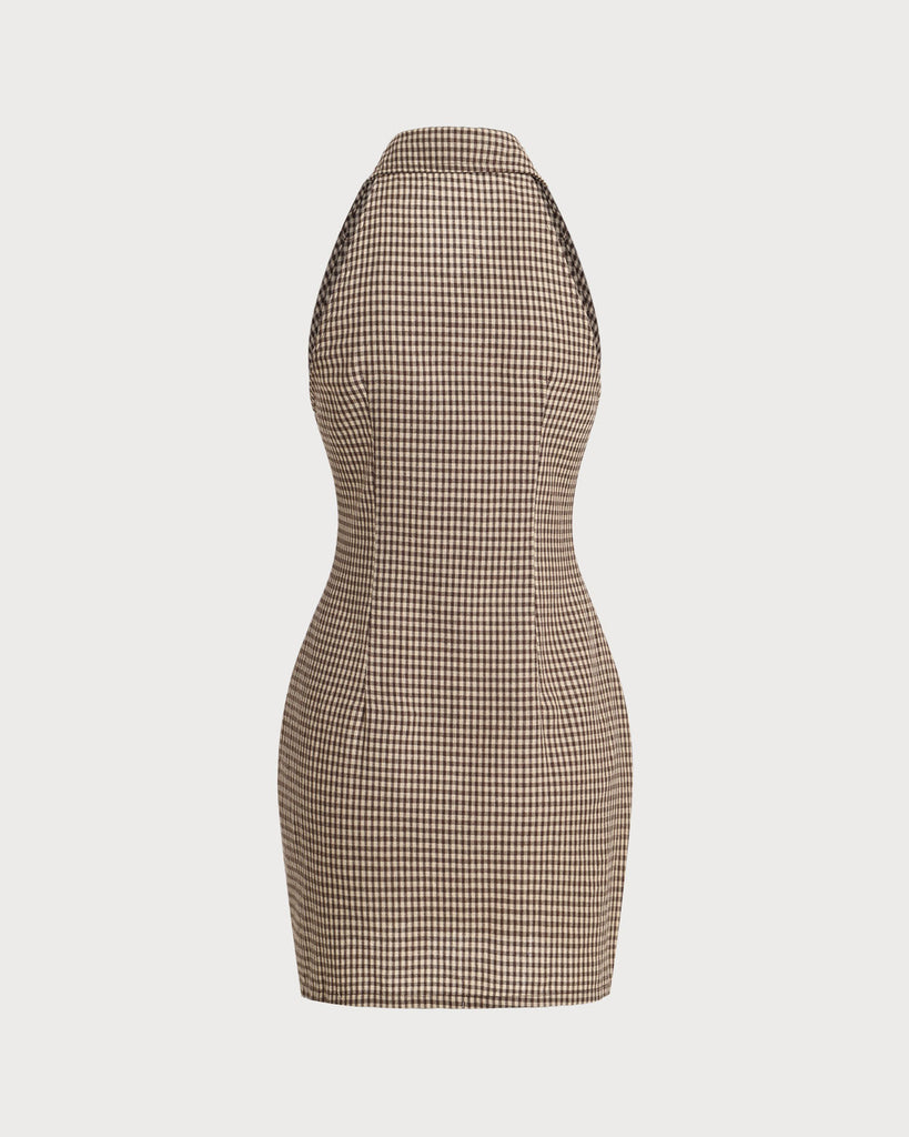 Brown Plaid Button Sleeveless Mini Dress