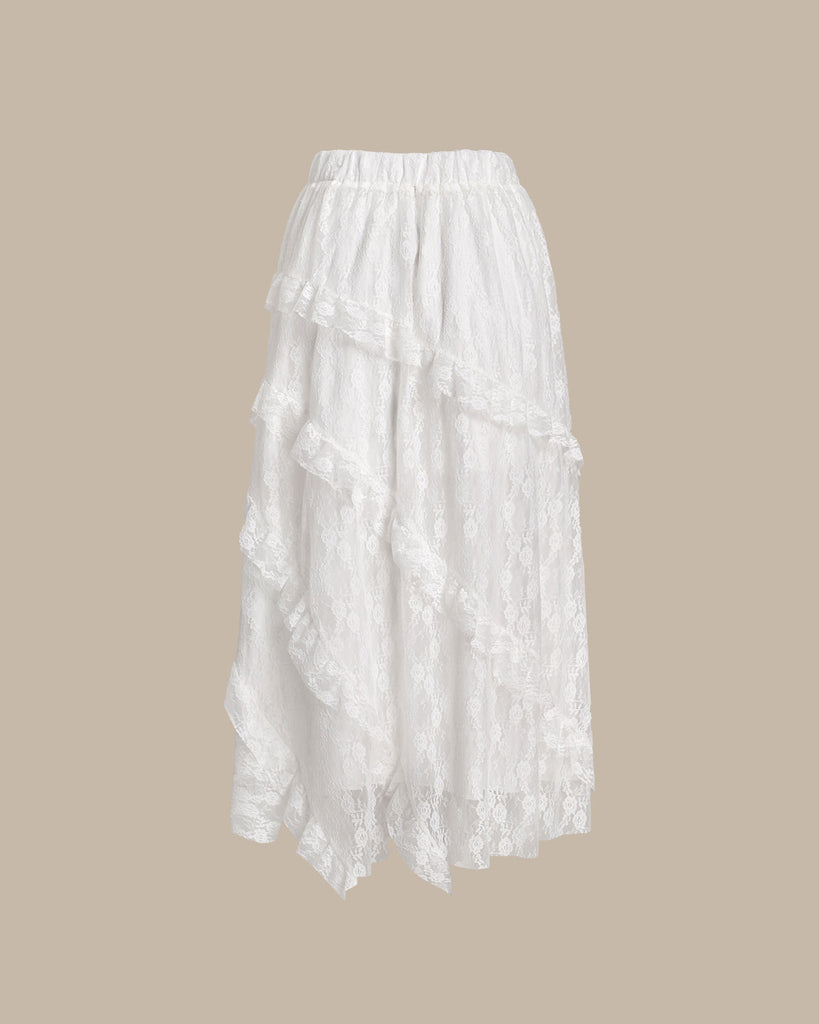 White Jacquard Elastic Waist Midi Skirt