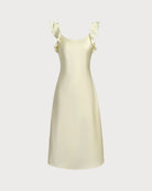 Yellow Square Neck Ruffle Satin Midi Dress