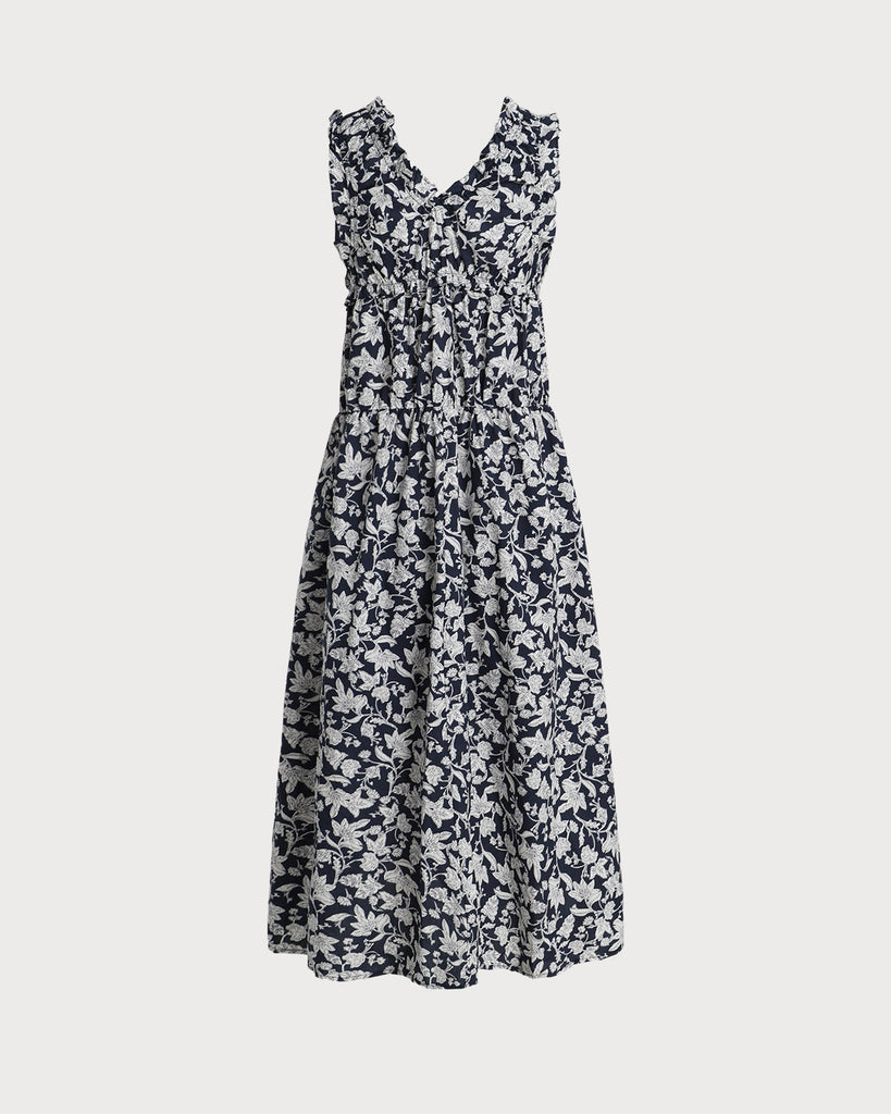 Blue Floral V Neck Ruched Midi Dress